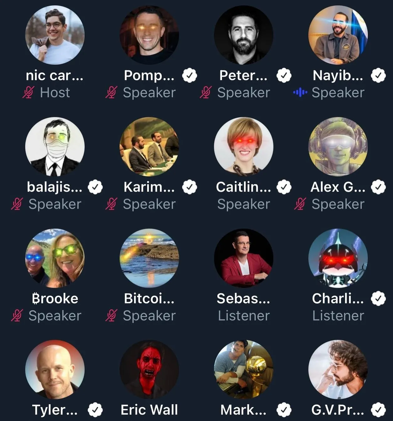 Pe un ecran Twitter Spaces apare o grilă cu vorbitori și ascultători care discută despre Bitcoin.