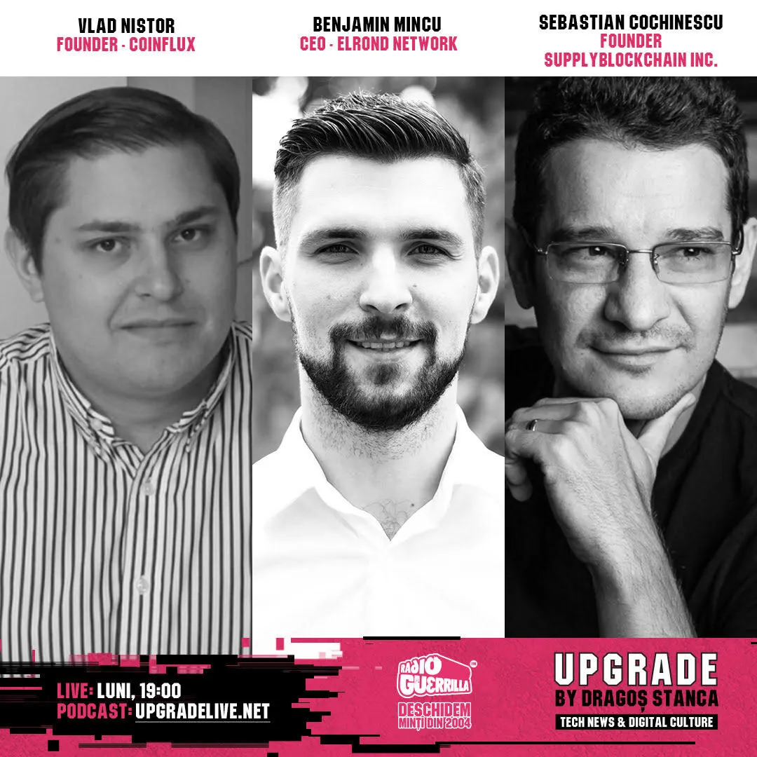 Imagine de promovare a emisiunii Upgrade, cu portretele lui Vlad Nistor, Beniamin Mincu și Sebastian Cochinescu.
