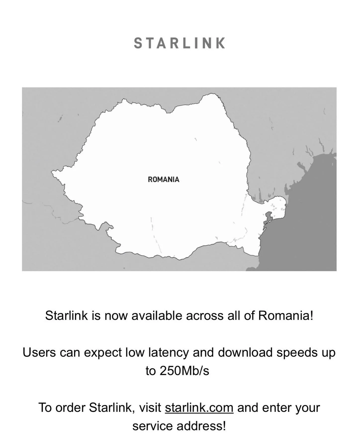 Un anunț Starlink afișează o hartă a României și detalii despre serviciu.