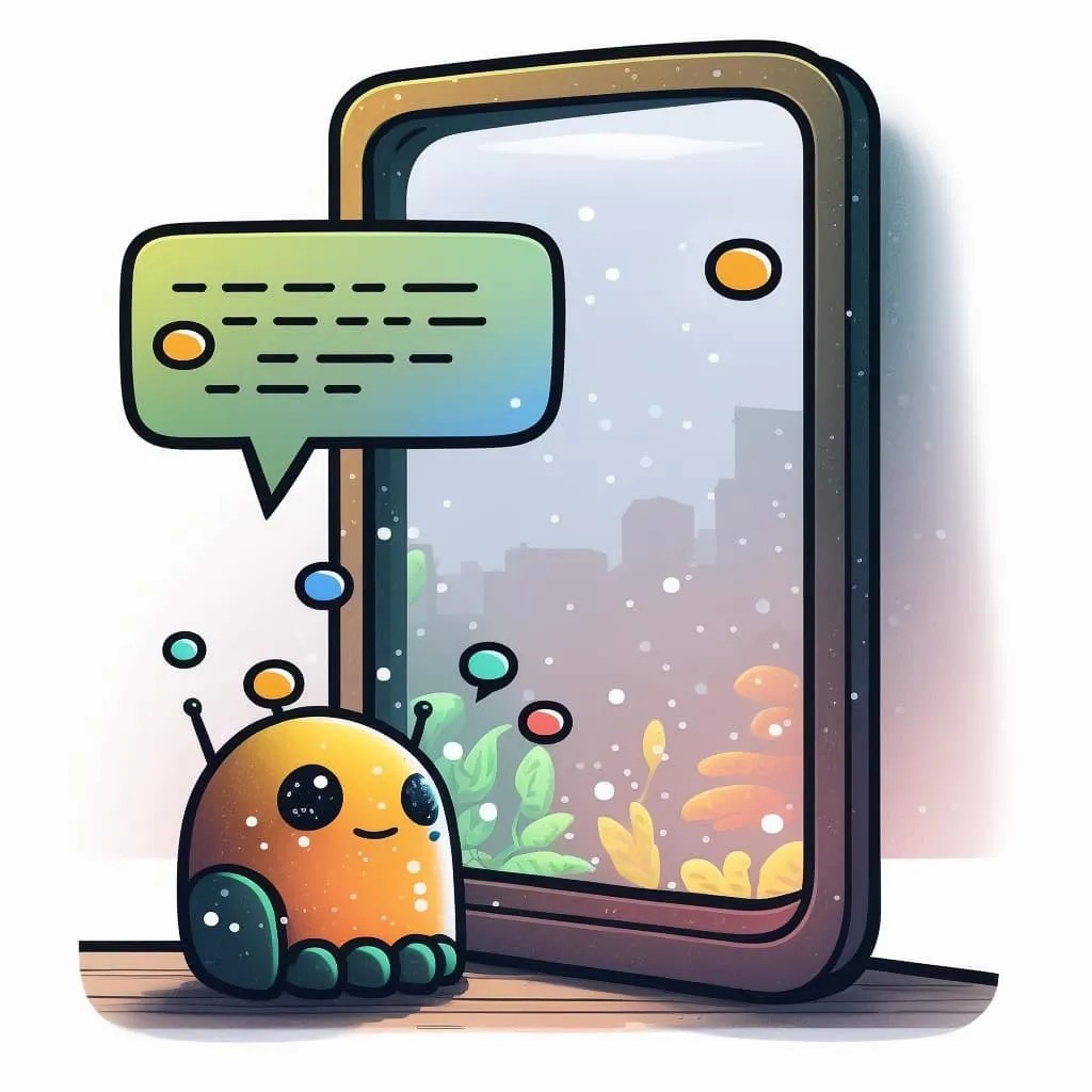 A cartoon orange robot with a speech bubble sits beside a large window overlooking a city skyline and plants.