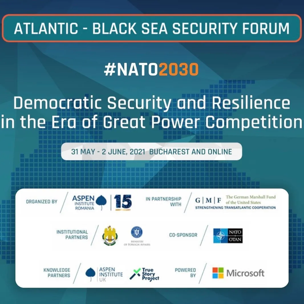 Un afiș promoțional anunță NATO 2030 Atlantic–Black Sea Security Forum, organizat la București și online.