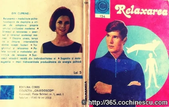 Coperta cărții vechi „Relaxarea” prezintă portretele unei femei și unui bărbat.