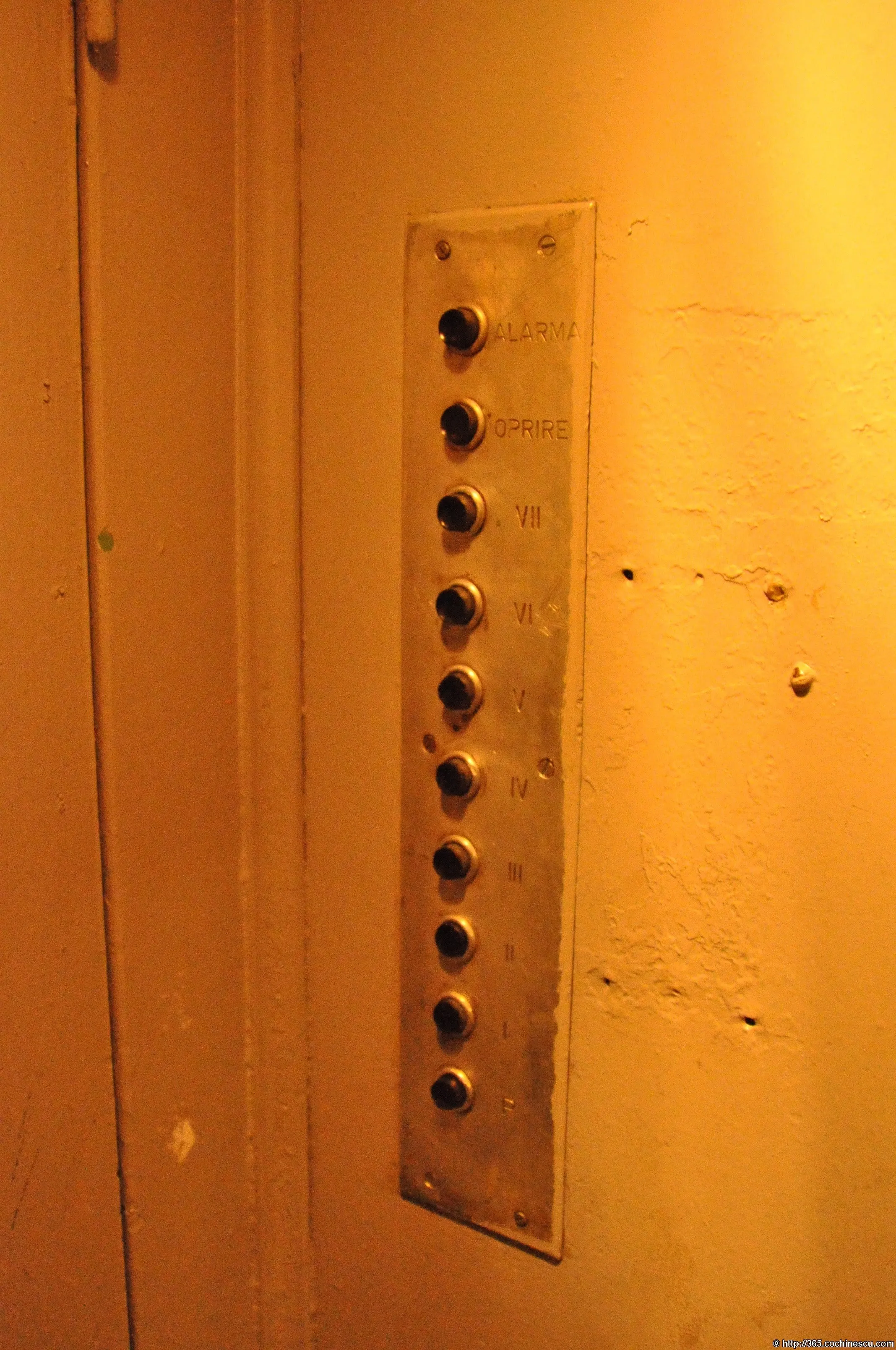 An old elevator panel has black buttons for eight floors.