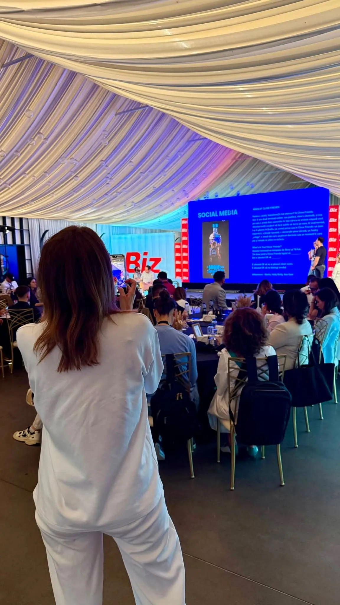 A woman photographs a presentation during Brand Fest by Revista Biz in a crowded event hall.