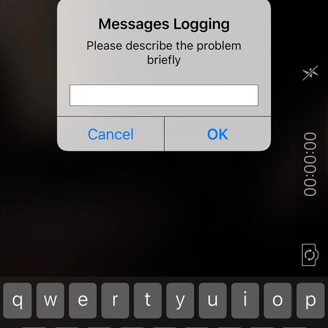 An iPhone dialog titled Messages Logging asking to briefly describe the problem, with a keyboard below.