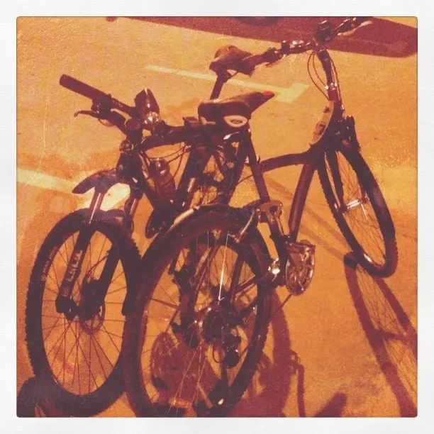 Two bicycles parked side by side on pavement at night under warm orange light