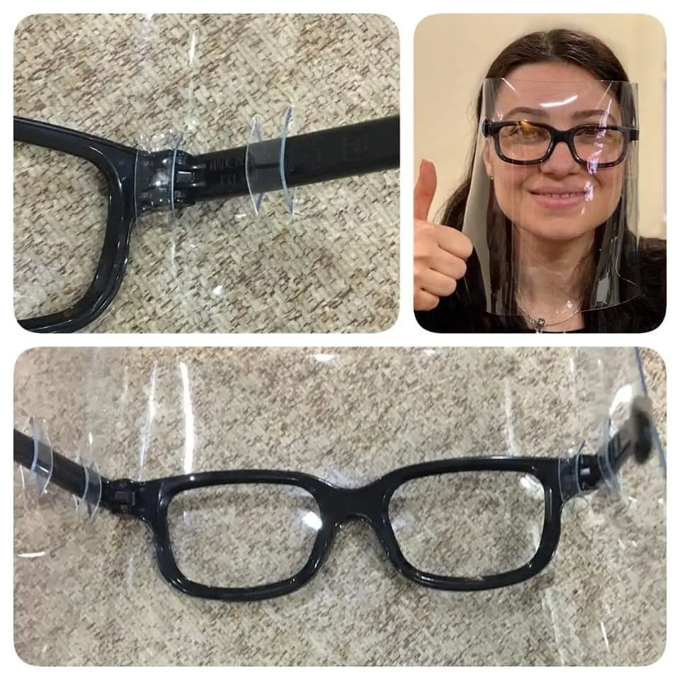 Un colaj prezintă o vizieră transparentă făcută acasă, prinsă de niște ochelari 3D negri, și o femeie care o poartă.