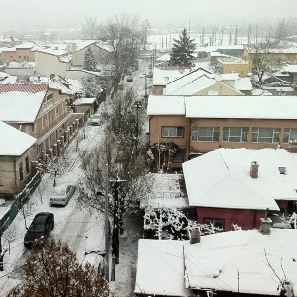 Stradă rezidențială din București acoperită de zăpadă, văzută de la etaj